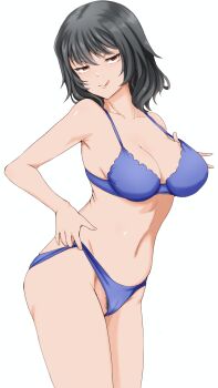 1girl absurdres andou_(girls_und_panzer) bare_arms bikini black_hair blue_bikini blue_bra blue_panties bra breasts cleavage closed_mouth collarbone commentary cowboy_shot dark_skin english_commentary female_pubic_hair girls_und_panzer gomi_ningen_(81848656) groin hair_between_eyes highres large_breasts leaning_forward looking_at_viewer medium_hair navel panties pubic_hair pubic_hair_peek shiny_skin short_hair simple_background skindentation smile solo standing stomach strap_gap swimsuit thighs tongue tongue_out underwear underwear_only white_background