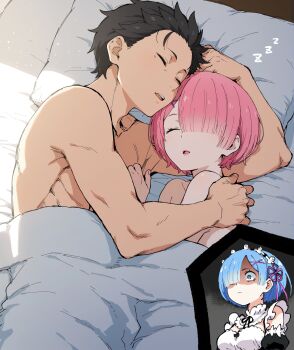 1boy 2girls absurdres angry bed black_hair blue_eyes blue_hair cuddling detached_sleeves frills hair_ornament hair_over_one_eye hair_ribbon hair_slicked_back hetero highres implied_after_sex maid maid_headdress multiple_girls natsuki_subaru on_bed open_mouth pink_eyes pink_hair pink_ribbon purple_ribbon ram_(re:zero) re:zero_kara_hajimeru_isekai_seikatsu red_eyes rem_(re:zero) ribbon ribbon-trimmed_clothes ribbon_trim roswaal_mansion_maid_uniform rreze4132 short_hair siblings sisters sleeping twins under_covers x_hair_ornament zzz