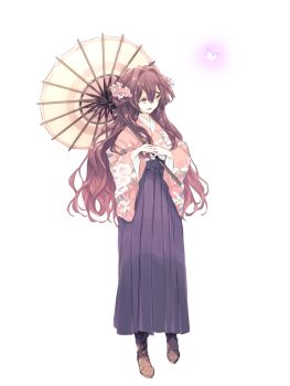 1girl anna_sehnsucht brown_hair bug butterfly dairoku_ryouhei flower full_body hair_flower hair_ornament hakama insect japanese_clothes kimono oil-paper_umbrella pink_kimono seiyakarutaken transparent_background umbrella