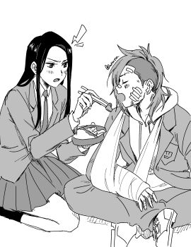 2girls absurdres alternate_universe arm_sling bandaged_arm bandages bento blush caitlyn_(league_of_legends) cast chopsticks commentary contemporary english_commentary facial_tattoo feeding greyscale highres holding holding_chopsticks hood hoodie injury league_of_legends monochrome multiple_girls murata_(igaratara) school_uniform sitting tattoo vi_(league_of_legends) yuri