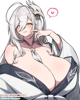 1girl ahoge alternate_breast_size_(larger) arm_at_side armpit_crease azur_lane bare_shoulders between_breasts bird_mask black_collar black_ribbon blush breasts bright_pupils collar collarbone commentary fanbox_username finger_to_cheek gigantic_breasts grey_hair grin hair_between_eyes hair_ribbon hakuhou_(azur_lane) half-closed_eyes hand_up heart highres huge_ahoge japanese_clothes kimono long_bangs long_hair long_sleeves looking_at_viewer mask mask_on_head off_shoulder parted_lips patreon_username ribbon rikuguma simple_background smile solo speech_bubble spoken_heart striped_ribbon twitter_username two-tone_collar upper_body white_background white_collar white_kimono white_pupils wide_sleeves yellow_eyes