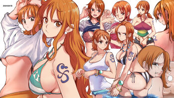 :t absurdres alternate_costume annotated aosora2823 arm_tattoo artist_name ass bikini blush bra breasts cleavage collage collarbone fanning_face fanning_self highres large_breasts log_pose looking_at_viewer multicolored_bikini nami_(one_piece) nami_(one_piece)_(arlong_park) nami_(one_piece)_(baratie) nami_(one_piece)_(east_blue) nami_(one_piece)_(return_to_sabaody) one_piece one_piece:_strong_world orange_hair pink_bra scene_reference shirt side-tie_bikini_bottom simple_background striped_bikini striped_clothes swimsuit tattoo teardrop two-tone_bikini underboob underwear vertical-striped_bikini vertical-striped_clothes white_background white_shirt