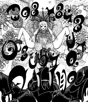1girl alina_gray antennae crown cube empty_eyes extra_legs fur-trimmed_shorts fur_trim gem goat_legs greyscale harumayago hatching_(texture) highres long_hair madoka_runes magia_record:_mahou_shoujo_madoka_magica_gaiden mahou_shoujo_madoka_magica monochrome neo_dorothy_motherfucker no_nose old_dorothy shitori_egumo_(madoka_magica) shorts smile solo striped_clothes striped_shorts vertical-striped_clothes vertical-striped_shorts virus witch_(madoka_magica)