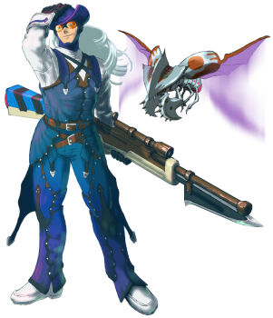 bayonet belt capcom commentary_request crossover drone dynamo_(mega_man) full_body gloves goggles gun hand_on_headwear hand_on_own_head hat headgear holding holding_weapon hudy8358 insect_wings legs_apart long_hair male_focus mega_man_(series) mega_man_x_(series) monster_hunter_(series) monster_hunter_xx multiple_belts rifle shoes silver_hair simple_background smile solo standing weapon white_background white_shoes wings