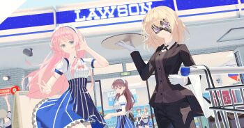 3d 6+girls absurdres arm_up artist_request bang_dream! bang_dream!_it's_mygo!!!!! black_jacket black_mask black_pants black_ribbon black_vest blonde_hair blue_eyes blue_hair blue_skirt breasts brown_eyes brown_hair chihaya_anon chinese_commentary closed_mouth commentary_request commission convenience_store gloves grey_eyes grey_hair hair_between_eyes hand_up highres jacket kaname_raana large_breasts lawson long_hair long_sleeves maid maid_headdress mask masquerade_mask medium_breasts medium_hair misumi_uika multiple_girls mygo!!!!!_(bang_dream!) nagasaki_soyo neck_ribbon oblivionis_(bang_dream!) open_clothes open_jacket pants pink_hair puffy_short_sleeves puffy_sleeves purple_eyes ribbon second-party_source security_camera shiina_taki shirt shop shopping_cart short_hair short_sleeves sidelocks skirt takamatsu_tomori togawa_sakiko v vest white_gloves white_hair white_shirt