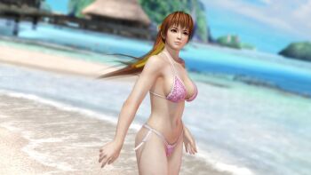 1girl 3d beach bikini breasts brown_eyes brown_hair dead_or_alive dead_or_alive_5 female_focus highres kasumi_(doa) large_breasts ocean official_art official_wallpaper ponytail solo swimsuit tecmo