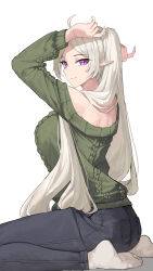 Rule 34 | 1girl, absurdres, ahoge, ai-bon, arms up, ass, bare shoulders, black pants, breasts, commentary, commission, green sweater, highres, large breasts, long sleeves, no shoes, off-shoulder sweater, off shoulder, original, pants, pointy ears, purple eyes, simple background, sitting, socks, solo, sweater, wariza, white background, white hair, white socks