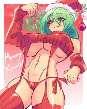 1girl antlers blush border breasts ceres_fauna covered_erect_nipples cowboy_shot detached_sleeves from_below gradient_background green_hair hair_between_eyes hat highres hololive hololive_english horns huge_breasts konaloid long_hair long_sleeves looking_down navel panties red_background red_panties red_thighhighs santa_hat side-tie_panties smile smug solo standing thighhighs underboob underwear virgin_destroyer_sweater virtual_youtuber white_border yellow_eyes