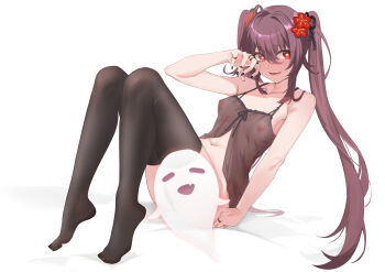 1girl :d arm_at_side babydoll bare_arms bare_shoulders bed_sheet black_babydoll black_nails black_thighhighs blush boo_tao_(genshin_impact) breasts brown_hair censored claw_pose clenched_hand collarbone colored_eyelashes commentary commission covered_erect_nipples english_commentary eyelashes feet flower flower-shaped_pupils full_body furrowed_brow genshin_impact ghost hair_between_eyes hair_flower hair_ornament hair_ribbon hand_up highres hu_tao_(genshin_impact) jewelry knees_up long_hair looking_at_viewer lower_teeth_only medium_breasts multiple_rings nail_polish navel no_shoes novelty_censor open_mouth panties pixiv_commission red_eyes red_flower ribbon ring see-through_babydoll see-through_clothes sidelocks simple_background sitting smile solo symbol-shaped_pupils teeth thighhighs tiptoes toes twintails underwear underwear_only variant_set very_long_hair white_background yizi_(yizi_official)