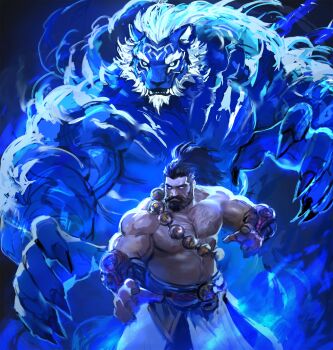 2boys animal_ears arm_guards aura bandaged_arm bandages bara beads beard black_background black_hair body_hair broad_shoulders chest_hair claws colored_sclera connected_beard cowboy_shot dopey_(dopq) facial_hair fighting_stance full_beard furry furry_male glowing glowing_eyes high_ponytail highres huge_pectorals large_hands league_of_legends long_hair male_focus multiple_boys muscular muscular_arms muscular_male mustache navel_hair nipples ponytail rope_belt spirit spirit_guard_udyr strongman_waist tiger_boy tiger_ears tiger_stripes topless_male udyr