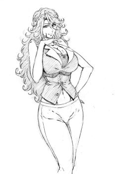 1girl breasts cleavage gundam gundam_00 kubo_tite_(style) large_breasts long_hair navel rakusakugk solo sumeragi_lee_noriega