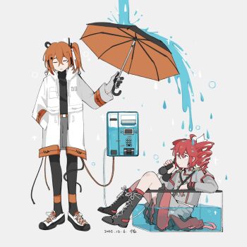Rule 34 | 2girls, a.i. voice, adachi rei, black sweater, calling, drill hair, grey shirt, highres, holding, holding umbrella, jacket, kasane teto, kasane teto (sv), multiple girls, orange hair, phone, red hair, shirt, sweater, synthesizer v, twin drills, umbrella, water, yuu (tangzeyuu)