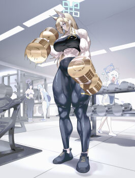 4girls abs absurdres animal_ears blonde_hair blue_archive breasts exercising full_body gym halo highres indoors kanna_(blue_archive) kirino_(blue_archive) large_breasts long_hair looking_at_another looking_at_object mine_(blue_archive) multiple_girls muscular muscular_female navel open_mouth qtime_702 shoes shorts solo_focus sumire_(blue_archive) twintails weightlifting