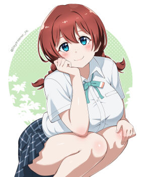 1girl absurdres black_skirt blue_eyes blush braid breasts brown_hair closed_mouth collared_shirt commentary_request daydreamer_pk emma_verde freckles hair_between_eyes highres large_breasts looking_at_viewer love_live! love_live!_nijigasaki_high_school_idol_club low_twin_braids pleated_skirt shirt short_sleeves sidelocks skirt smile solo squatting thighs twin_braids white_background white_shirt
