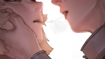 1boy 1girl absurdres after_kiss blonde_hair closeup dungeon_meshi falin_touden grabbing_another&#039;s_face head_grab highres kiss laios_touden saliva saliva_trail siblings third-party_edit