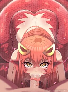 1boy 1girl blush commentary completely_nude english_commentary fellatio full_body heart hetero highres lamia long_hair looking_at_viewer miia_(monster_musume) mischiefmiz monster_girl monster_musume_no_iru_nichijou nude open_mouth oral penis pink_hair pointy_ears pov pov_crotch scales solo_focus tonguejob uncensored yellow_eyes