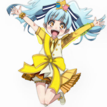 Rule 34 | 1girl, asymmetrical sleeves, black ribbon, bloomers, blue hair, blush, bow, epaulettes, footwear bow, hair ornament, hair ribbon, hoshikawa lily, jumping, long hair, long sleeves, looking at viewer, mismatched sleeves, necktie, open mouth, planet hair ornament, ribbon, shirt, shoes, short sleeves, single epaulette, skirt, smile, star (symbol), star hair ornament, t jiroo (ringofriend), teeth, twintails, underwear, white background, white bloomers, white shirt, white shoes, wristband, yellow bow, yellow eyes, yellow necktie, yellow shirt, yellow skirt, zombie land saga