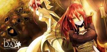 1girl 6+boys arm_garter bare_shoulders bdsm beancurd bondage bound breasts candle chair dr._mundo dress gagged garter_straps gloves green_eyes katarina_(league_of_legends) large_breasts league_of_legends long_hair multiple_boys red_hair rope scar sitting swain_(league_of_legends) sweatdrop talon_(league_of_legends) thighhighs urgot veil vladimir_(league_of_legends) warwick