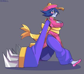 1girl 2023 absurdres arms_at_sides baggy_pants blue_skin blush_stickers bow breasts capcom chinese_clothes claw_(weapon) claws cleavage colored_skin commentary darkstalkers dress english_commentary flats flipped_hair from_side full_body ghost hat highres hsien-ko jiangshi large_breasts long_sleeves looking_at_viewer mandarin_collar ofuda pants pelvic_curtain pink_shoes purple_hair purple_pants qingdai_guanmao sash shoes short_hair sideboob vampyrisu waist_bow walking weapon wide_sleeves yellow_bow yellow_eyes yellow_sash yellow_trim