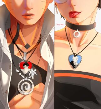 1boy 1girl artist_name black_choker black_hair black_tube_top boruto:_two_blue_vortex chest_tattoo choker collarbone commentary drawink facial_mark flat_chest glasses hetero highres jewelry naruto_(series) neck_tattoo necklace parted_lips red_lips shirt short_hair split_screen strapless tattoo tongue tongue_out tube_top uchiha_sarada unbuttoned uzumaki_boruto whisker_markings white_shirt