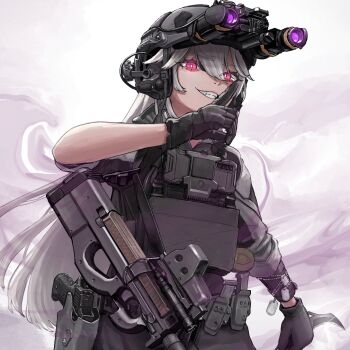1girl black_gloves bright_pupils bulletproof_vest bullpup combat_helmet commentary_request commission dog_tags ear_protection fn_p90 gloves grin gun handgun helmet highres holding holding_knife holster holstered knife long_hair looking_at_viewer magazine_(weapon) night_vision_device nyo551 original pink_eyes sharp_teeth simple_background skeb_commission smile solo submachine_gun tactical_clothes teeth weapon weapon_request white_hair white_pupils