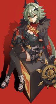 1girl absurdres black_gloves black_thighhighs breasts caesar_king_(zenless_zone_zero) cleavage fur_trim gloves green_hair gukr4322 hair_between_eyes hair_ornament high_heels highres horns jacket large_breasts long_hair looking_at_viewer mechanical_hands mihoyo prosthesis prosthetic_hand short_hair single_mechanical_hand smile solo thighhighs white_footwear yellow_eyes zenless_zone_zero