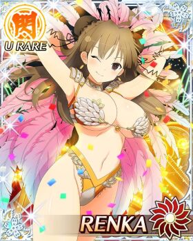 1girl ahoge armor arms_behind_head bikini border brazil breasts brown_eyes brown_hair bun_cover card_(medium) carnaval_do_brasil carnival character_name choker cleavage double_bun feathers game_cg hair_bun highleg highleg_bikini large_breasts lightning_ahoge long_hair navel official_art one_eye_closed parted_bangs pink_feathers renka_(senran_kagura) senran_kagura senran_kagura_new_wave shoulder_armor showgirl smile solo swimsuit