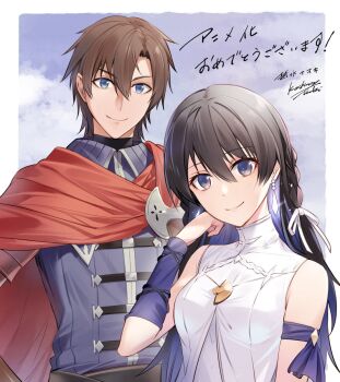 1boy 1girl artist_name black_hair blue_eyes braid brown_hair cape dress ear_piercing hair_between_eyes highres long_hair looking_at_viewer miz official_art oscar_(unnamed_memory) piercing purple_eyes red_cape signature sleeveless sleeveless_dress smile tinasha_(unnamed_memory) unnamed_memory upper_body white_dress