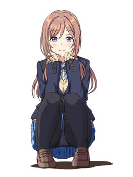 Rule 34 | 1girl, black pantyhose, blue eyes, blue jacket, blue ribbon, blue skirt, blush, brown hair, brown shoes, commentary request, full body, gakuen idolmaster, hands on own cheeks, hands on own face, hatsuboshi gakuen school uniform, himesaki rinami, idolmaster, jacket, lielos, loafers, long sleeves, looking at viewer, neck ribbon, panties, panties under pantyhose, pantyhose, pantyshot, pleated skirt, ribbon, school uniform, shoes, simple background, skirt, smile, solo, squatting, sweater, underwear, white background, yellow sweater