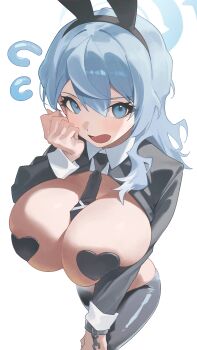 1girl absurdres ako_(blue_archive) alternate_costume animal_ear_hairband animal_ears ao_tsukushi black_hiphighs black_necktie black_shrug blue_archive blue_hair blue_halo breasts collared_shrug fake_animal_ears frontless_outfit hairband halo hand_on_own_cheek hand_on_own_face heart_pasties highres hiphighs huge_breasts looking_at_viewer necktie pasties rabbit_ear_hairband rabbit_ears revealing_clothes reverse_bunnysuit reverse_outfit shrug_(clothing) single_handcuff solo white_background