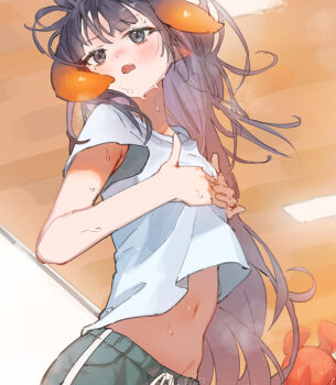 2girls absurdres animal_ears black_eyes black_hair blush chocosong commentary_request flat_chest hakos_baelz highres hololive hololive_english long_hair mole mole_under_eye mouse_ears mouse_girl multiple_girls navel ninomae_ina&#039;nis open_mouth orange_background red_hair shirt short_sleeves solo_focus stomach sweat sweatdrop t-shirt virtual_youtuber white_shirt