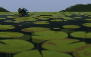 afloat blurry commentary_request day from_side gen_5_pokemon highres lily_pad nintendo no_humans one-hour_drawing_challenge outdoors palpitoad partially_submerged pokemon pokemon_(creature) rend solo water