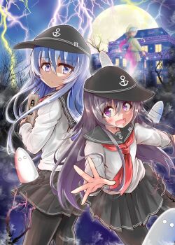 Rule 34 | 3girls, akatsuki (kancolle), anchor, anchor symbol, black headwear, black neckwear, blush, error musume, flat cap, full moon, ghost, hat, hibiki (kancolle), highres, kantai collection, lightning, long hair, long sleeves, mansion, moon, multiple girls, nyonyonba tarou, open mouth, outdoors, pantyhose, pleated skirt, red neckwear, sailor collar, school uniform, serafuku, skirt, smoke