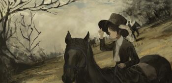 Rule 34 | 1girl, absurdres, adjusting clothes, adjusting headwear, apron, ascot, bare tree, black hair, black horse, black jacket, black skirt, bridle, closed mouth, cloud, cloudy sky, collared shirt, cowboy shot, eliot (eokaitekaite969), from side, grey eyes, hand up, hat, highres, holding, holding reins, horse, horseback riding, jacket, light blush, long sleeves, looking at viewer, original, people, reins, riding, saddle, shirt, short hair, skirt, sky, solo, swept bangs, top hat, tree, victorian, white apron, white shirt