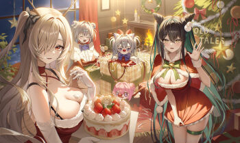 4girls abe_(nikke) absurdres black_hair blue_eyes box breasts cake cape chimney christmas christmas_ornaments christmas_present christmas_tree cinderella_(nikke) cleavage commentary doro_(nikke) dress english_commentary food gift gift_box goddess_of_victory:_nikke gretel_(nikke) grey_hair hair_intakes hansel_(nikke) highres indoors large_breasts little_mermaid_(nikke) long_hair mella_(mell_a12) multiple_girls old_tales_(nikke) red_cape red_dress red_eyes red_nose santa_cape santa_costume santa_dress siblings sisters smile very_long_hair