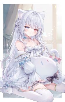 1girl animal_ear_fluff animal_ears animal_slippers bare_shoulders blue_bow blue_eyes blue_ribbon blurry blush bokeh bow bowtie braid breasts cat_ears cat_girl cat_slippers cat_tail collarbone commentary depth_of_field detached_sleeves dress frilled_sleeves frills hair_ornament hairclip half_up_braid heterochromia highres holding holding_stuffed_toy holding_toy layered_sleeves light_particles long_hair looking_at_viewer original pink_bow pink_ribbon red_eyes ribbon sitting sleeveless sleeveless_dress slippers small_breasts smile solo stuffed_animal stuffed_toy sunlight symbol-only_commentary tail tail_ornament tail_ribbon thigh_strap thighhighs thighs toy ukishizumi wariza white_bow white_bowtie white_dress white_hair white_thighhighs window