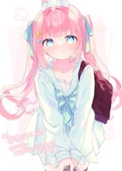 Rule 34 | 1girl, 1other, :t, animal ear fluff, animal ears, ayase ririco, backpack, bag, black thighhighs, blue bow, blue eyes, blue ribbon, blue sailor collar, blush, bow, closed mouth, clothes pull, collarbone, commission, dress, hair bow, hair ornament, hair ribbon, highres, holding, indie virtual youtuber, komomo (2899), long hair, long sleeves, looking at viewer, pink hair, pleated skirt, pout, puffy long sleeves, puffy sleeves, rabbit ears, ribbon, sailor collar, sailor dress, school uniform, serafuku, shirt, signature, skeb commission, skirt, sleeves past wrists, solo focus, star (symbol), star hair ornament, thighhighs, twintails, two-tone background, white background, white dress, white sailor collar, white shirt, white skirt