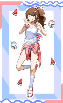 Rule 34 | 1girl, ;q, absurdres, alternate costume, blue eyes, blush, brown hair, clothes around waist, coin (furs8332), commentary request, dot nose, eyelashes, food, fruit, full body, highres, hilda (pokemon), holding, holding spoon, long hair, nintendo, one eye closed, outline, pink sandals, pokemon, pokemon black and white, ponytail, sandals, scrunchie, shaved ice, smile, socks, solo, spoon, standing, standing on one leg, tank top, tongue, tongue out, watermelon, watermelon slice, white outline, white socks, white tank top, wrist scrunchie