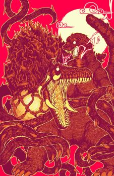 battle biollante blank_eyes claws core genc giant giant_monster godzilla godzilla_(series) godzilla_vs._biollante kaiju limited_palette monster monster_focus scales sharp_teeth sun teeth tentacles toho tusks