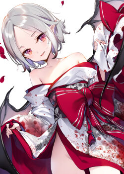 1girl bare_shoulders bat_wings blood breasts cleavage collarbone commentary_request fang floral_print floral_print_kimono grey_hair highres japanese_clothes ke-ta kimono long_sleeves looking_at_viewer new_year parted_lips petals pointy_ears print_kimono red_eyes remilia_scarlet short_hair simple_background small_breasts solo touhou white_background white_kimono wings