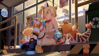 1girl absurdres animal animal_ears bandaid bikini blonde_hair braid braided_bangs breasts cat cat_ears cat_girl collar ebiko_(vtuber) fang highres indie_virtual_youtuber large_breasts long_hair on_ground orange_eyes peesh_san shorts shrimp_girl shrimp_tail sitting solo storefront striped_bikini striped_clothes striped_thighhighs swimsuit thighhighs trash_can watermark wristband