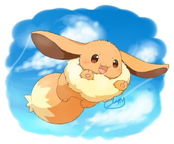 Rule 34 | animal focus, blue sky, blush, brown eyes, brown fur, eevee, fluffy, flying, full body, gen 1 pokemon, highres, mimix, nintendo, no humans, open mouth, pokemon, pokemon (creature), pokemon focus, sky, smile, solo