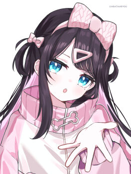 1girl :o absurdres arata_ryou artist_name black_hair blue_eyes bone bow collared_jacket colored_inner_hair commentary_request fang hair_bow hair_ornament hairband hand_up head_tilt high_collar highres jacket kaga_nazuna long_hair long_sleeves looking_at_viewer multicolored_hair open_mouth pink_bow pink_hair pink_hairband pink_jacket reaching reaching_towards_viewer simple_background skin_fang sleeves_past_wrists solo triangle_hair_ornament two_side_up upper_body virtual_youtuber vspo! white_background