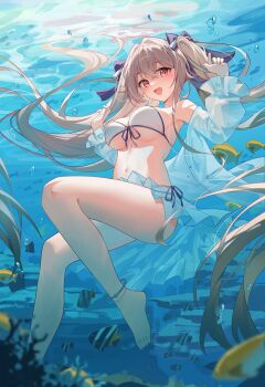 1girl absurdres air_bubble anchorage_(azur_lane) anchorage_(dolphins_and_swim_lessons)_(azur_lane) anklet armpit_crease azur_lane bare_shoulders bikini blush breasts brown_hair bubble cleavage commentary coral crossed_bangs feet fish floating_hair front-tie_bikini_top front-tie_top hair_between_eyes hair_intakes hair_ribbon hands_up highres jewelry laosi_j large_breasts legs long_hair long_sleeves looking_at_viewer navel ocean official_alternate_costume open_mouth pink_eyes ribbon see-through_clothes see-through_sleeves side-tie_bikini_bottom smile solo stomach swimsuit swimsuit_cover-up thighs toes twintails underboob underwater very_long_hair water white_bikini