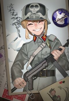1girl absurdres belt black_belt blonde_hair chevron_(symbol) closed_eyes combat_helmet drawing_(object) eyebrow_cut grey_sky gun hearts_of_iron helmet highres holding holding_gun holding_weapon kaiserreich military mp40 paperclip postage_stamp postcard pzkpfwi scar scar_on_face scar_on_nose short_hair sky smile snow_on_tree solo submachine_gun totenkopf tree weapon