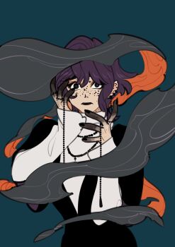 1girl 3itches black_hair black_lips black_nails blue_background commentary cowboy_shot earrings hair_between_eyes highres jewelry looking_at_viewer necklace short_hair sidelocks simple_background smoke solo symbol-only_commentary tina_(3itches) tweetyq1961 witch