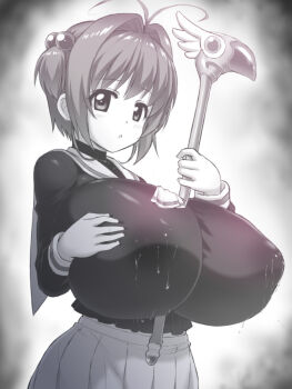 1990s_(style) 1girl antenna_hair between_breasts black_shirt blush breasts brown_hair cardcaptor_sakura cleavage female_focus fuuin_no_tsue hair_between_eyes hair_bobbles hair_intakes hair_ornament holding holding_wand huge_breasts kinomoto_sakura long_sleeves looking_at_viewer magical_girl neckerchief open_mouth oppai_loli otoo_(izanagi) pleated_skirt retro_artstyle sailor_collar school_uniform serafuku shirt short_hair simple_background skirt solo standing to-gnaniwa tomoeda_elementary_school_uniform tomoeda_middle_school_uniform wand white_neckerchief white_sailor_collar