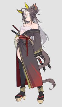 1girl absurdres ahoge alternate_costume animal_ears bare_shoulders black_hair black_thighhighs blue_eyes breasts brown_hair chest_sarashi closed_mouth dream_journey_(umamusume) eyewear_strap glasses gradient_clothes gradient_kimono hair_between_eyes hair_bun hair_ornament hair_stick highres horse_ears horse_girl horse_tail iam_(tetsu0ekaki) japanese_clothes katana kimono long_hair long_sleeves looking_at_viewer multicolored_hair red_sash sandals sarashi sash simple_background small_breasts solo sword tail thighhighs umamusume weapon white_hair