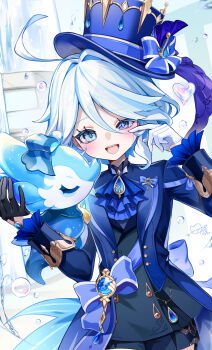 1girl 1other aqua_eyes aqua_hair ascot asymmetrical_gloves black_gloves blue_ascot blue_bow blue_eyes blue_jacket blush bow commentary_request crying crying_with_eyes_open drop-shaped_pupils fish furina_(genshin_impact) genshin_impact gloves hair_between_eyes hair_bow hat heterochromia highres hydro_symbol_(genshin_impact) jacket long_hair looking_at_viewer medium_hair mismatched_gloves multicolored_hair open_mouth seahorse smile streaming_tears surintendante_chevalmarin symbol-shaped_pupils tears top_hat vision_(genshin_impact) white_gloves white_hair yuru_mocharu