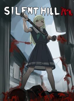 2girls bang_dream! bang_dream!_it&#039;s_mygo!!!!! blue_shirt blue_skirt commentary_request flower green_hair hair_ornament hairpin highres holding holding_lead_pipe lead_pipe mortis_(bang_dream!) multiple_girls parody red_flower rushinada sailor_collar school_uniform shirt silent_hill_(series) silent_hill_f skirt title_parody torn_clothes torn_sleeves tsukinomori_school_uniform wakaba_mutsumi yellow_eyes